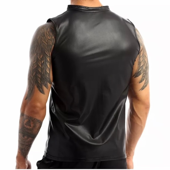 Mens Sexy Soft Leather Sleeveless Shirts Erotic Shaping Sheath Stretch Tank Top - Picture 2 of 4